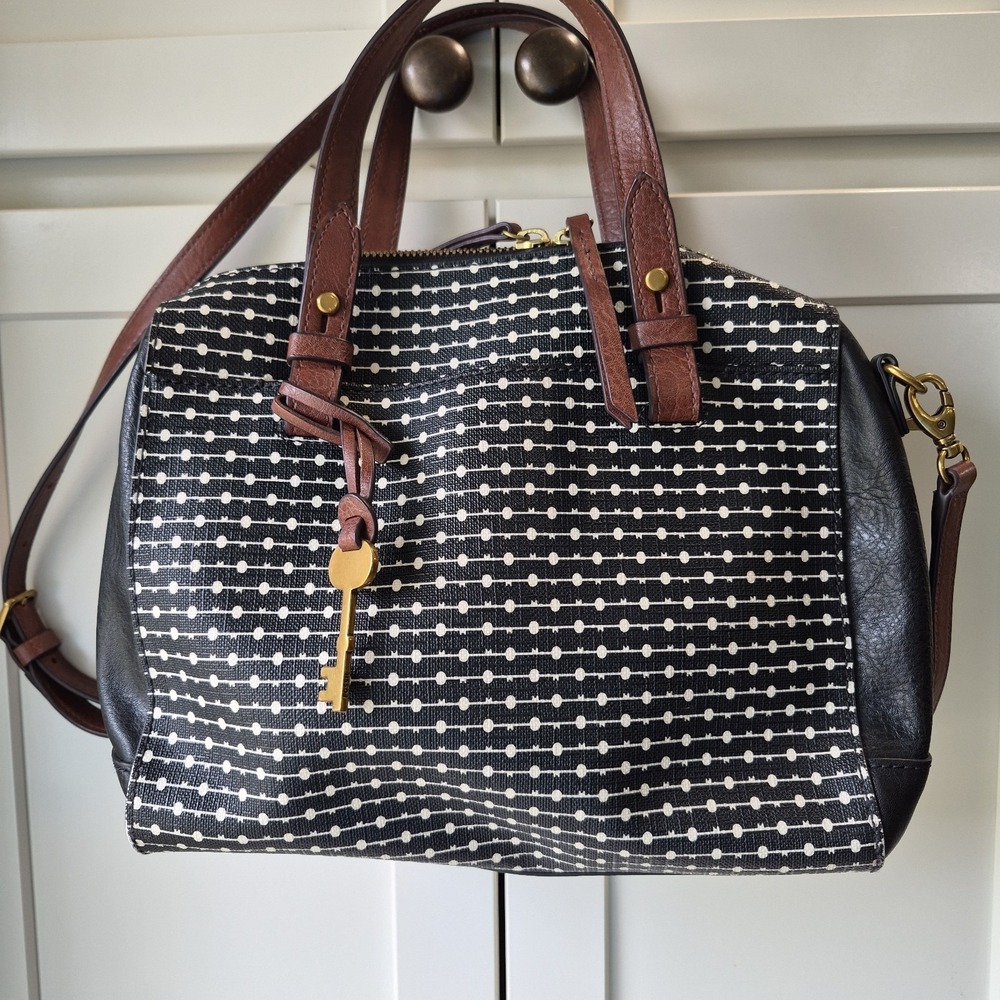 Fossil Sydney Fiona Satchel Purse Ivory Black Print Adjustable Strap